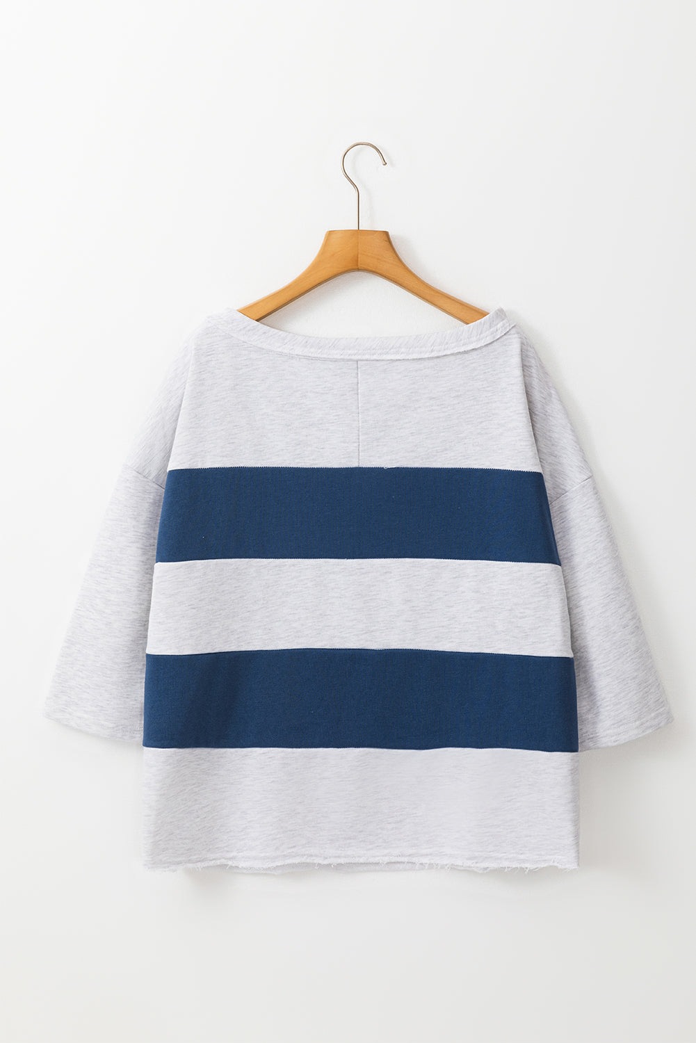 Sail Blue Colorblock Striped Patchwork 3/4 Sleeve Raw Seamed Sweatshirt Kittybear Krafts