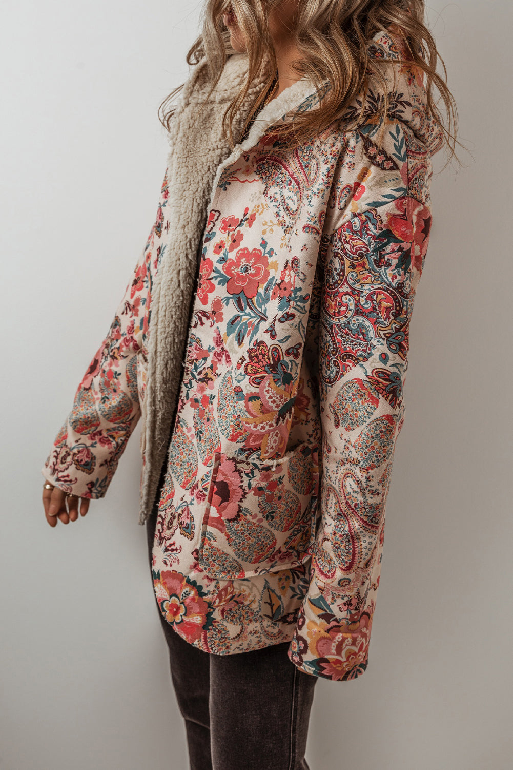 Beige Vintage Paisley Floral Printed Sherpa Lined Hooded Jacket Kittybear Krafts