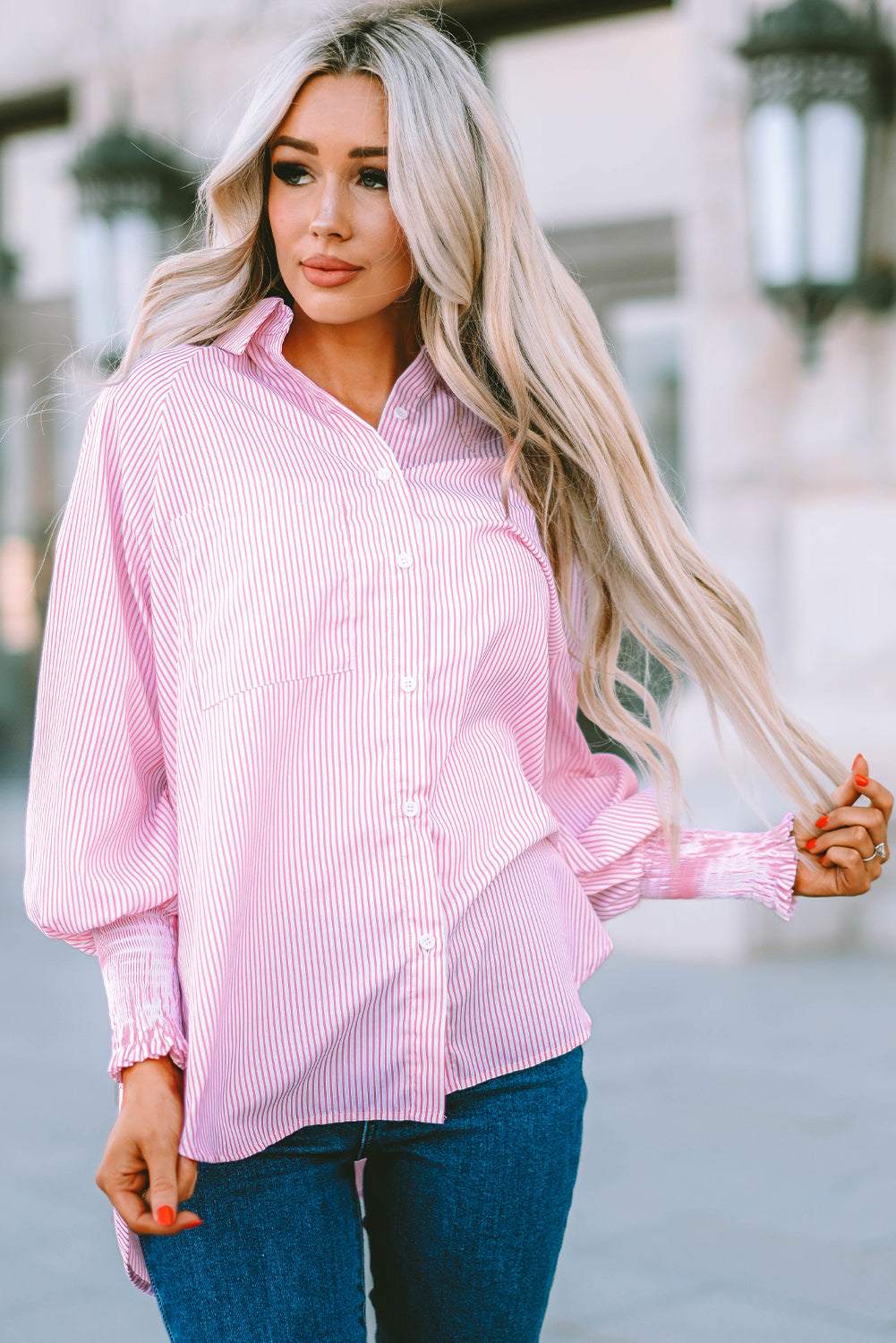 Pink Smocked Cuffed Striped Boyfriend Oversized Shirt Top with Pocket