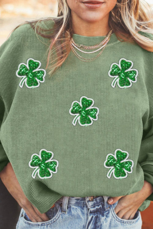 Sequin Lucky Clover St. Patrick's Day Round Neck Long Sleeve Crewneck