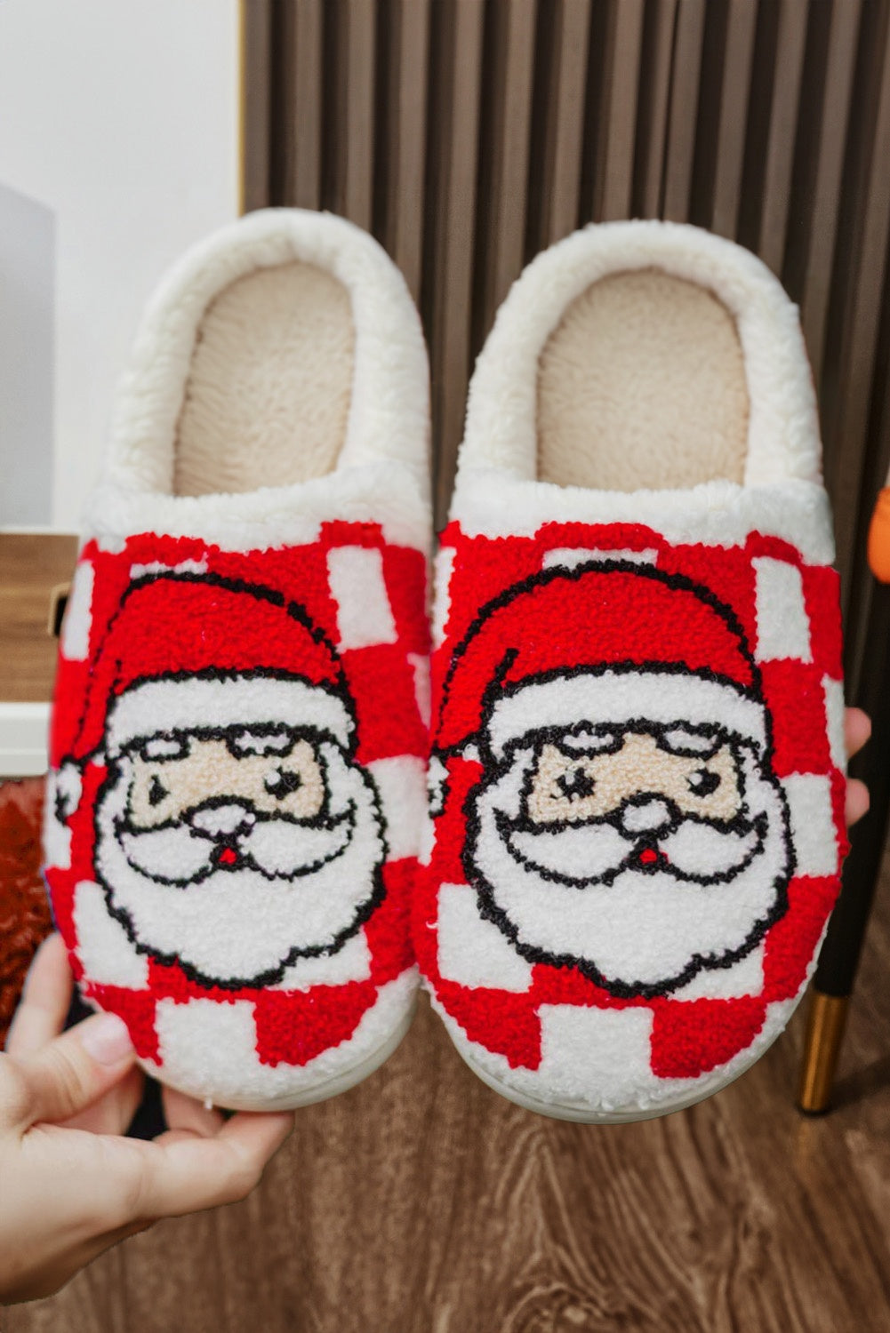 Fiery Red Checkered Christmas Santa Claus Graphic Plush Home Slippers Kittybear Krafts