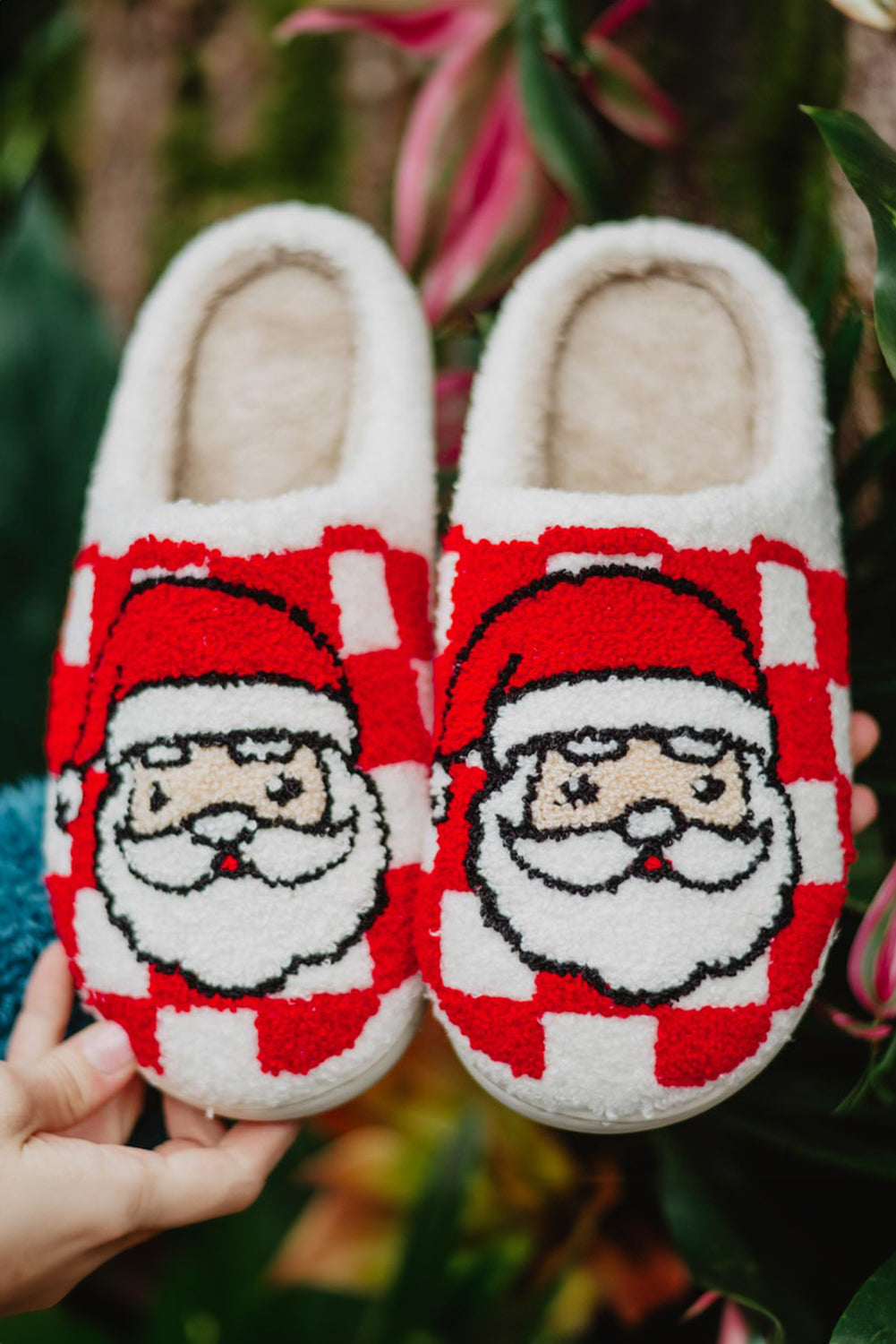 Fiery Red Checkered Christmas Santa Claus Graphic Plush Home Slippers Kittybear Krafts