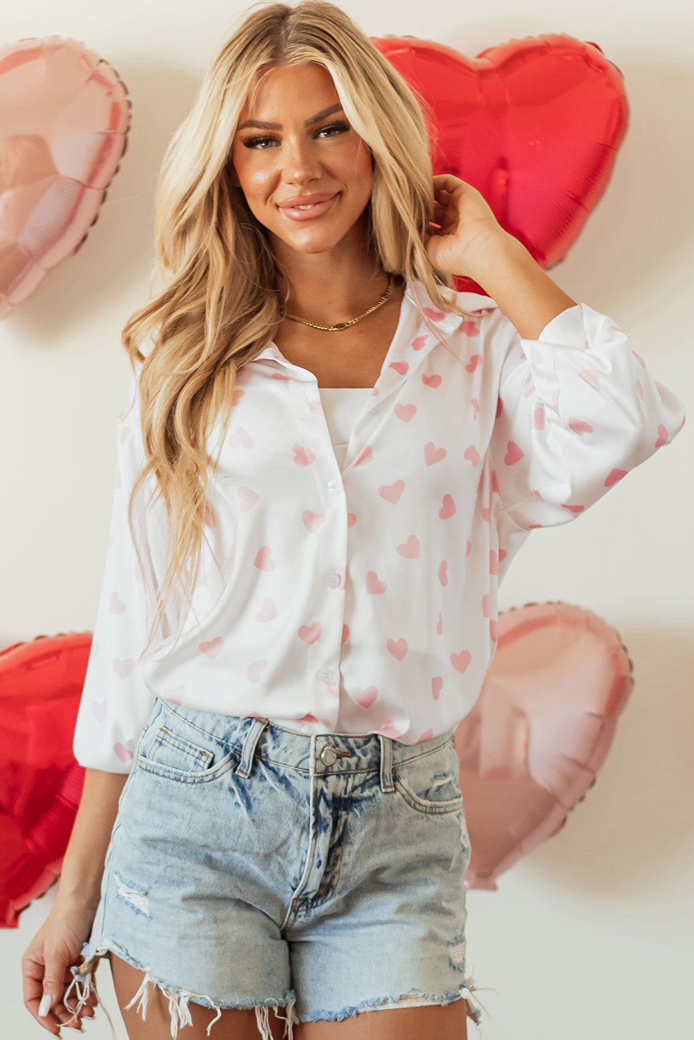 White Love Heart Print Drop Shoulder Puff Sleeve Top Kittybear Krafts