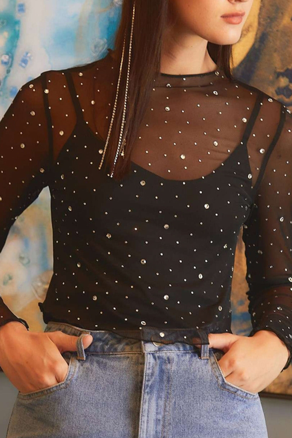 Black Rhinestone Sheer Mesh Slim Fit Long Sleeve Top Kittybear Krafts