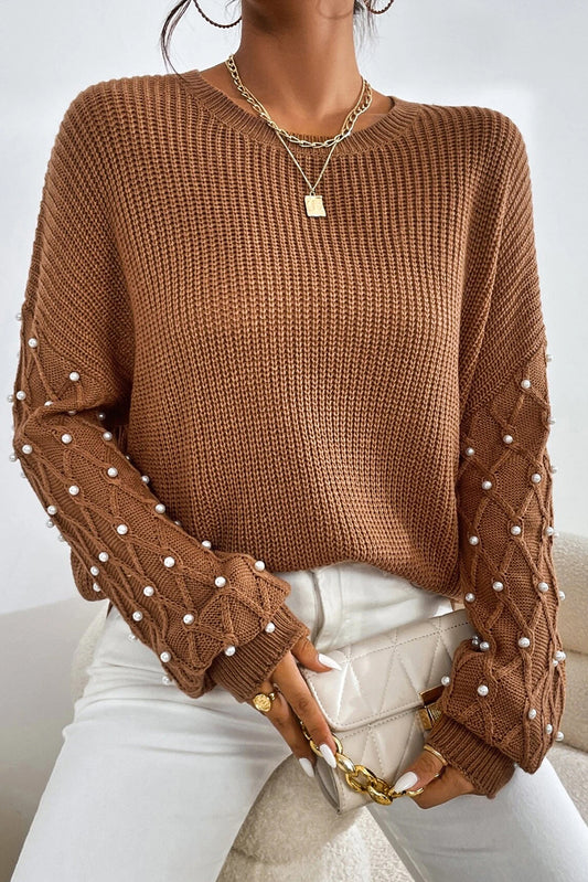 Chestnut Color Beaded Drop Shoulder Round Neck Sweater Top Kittybear Krafts