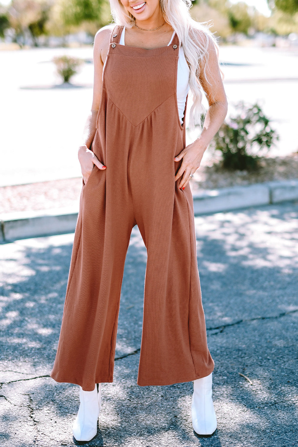 Gold Flame Textured Buttoned Straps Ruched Wide Leg Jumpsuit Kittybear Krafts