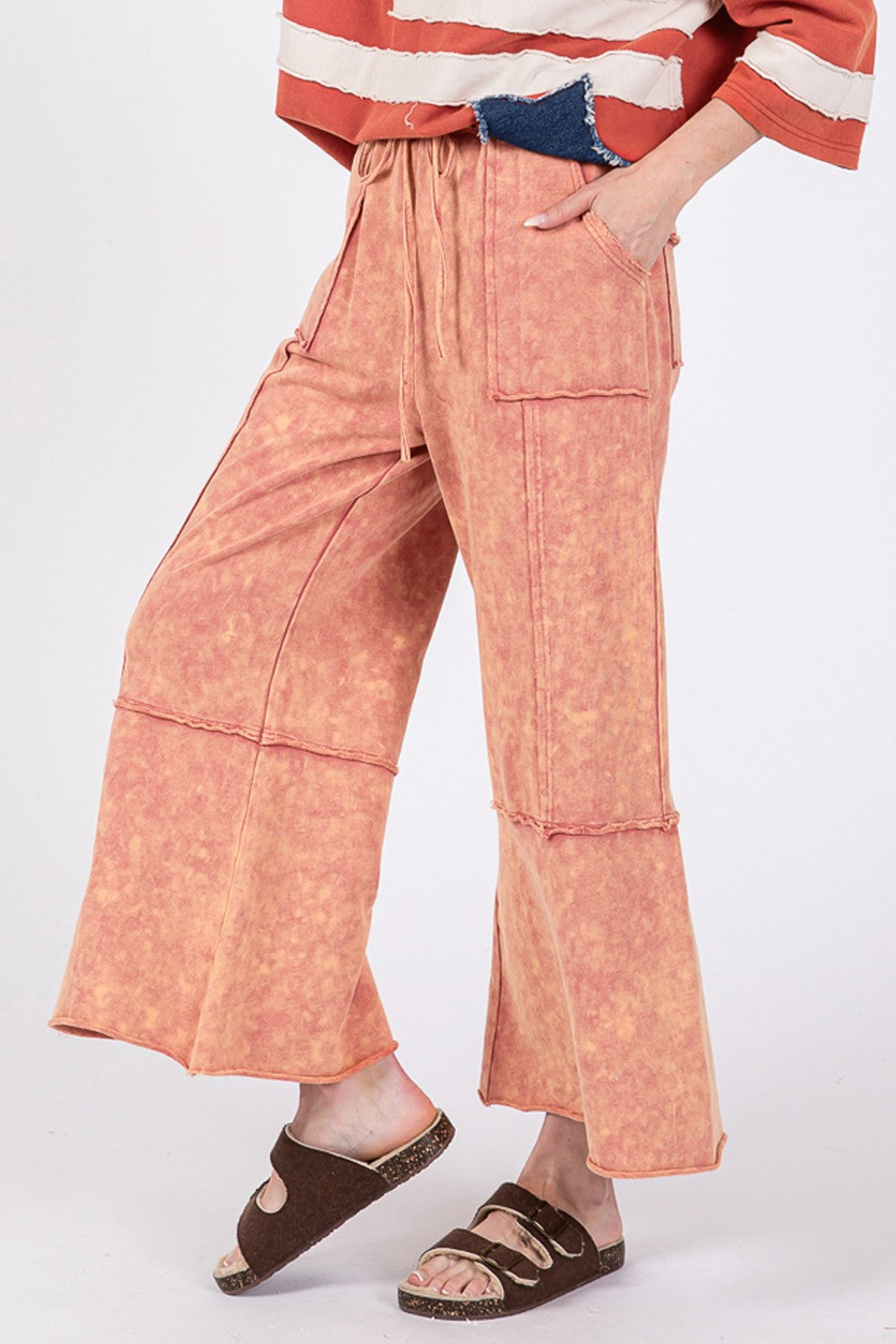 SAGE + FIG Mineral Washed Terry Wide Leg Pants Trendsi