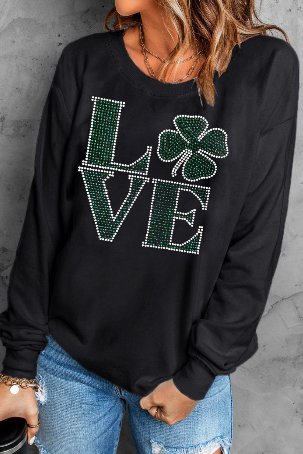 LOVE Rhinestone Clover Round Neck St. Patrick's Day Sweat shirt