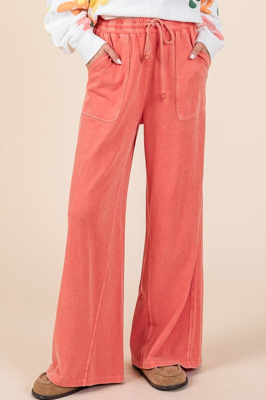 Mittoshop Mineral Wash French Terry Drawstring Wide Leg Pants Trendsi