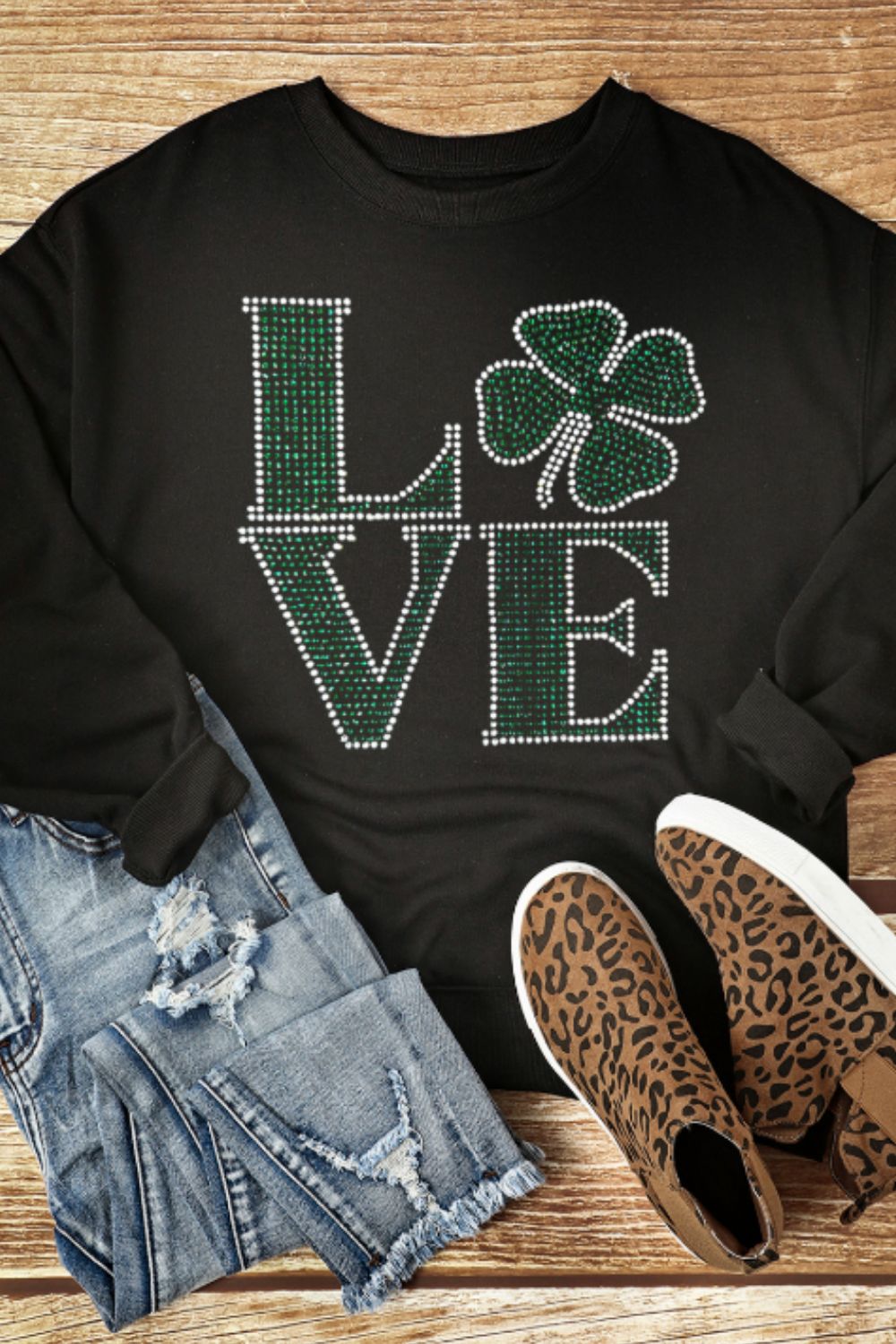 LOVE Rhinestone Clover Round Neck St. Patrick's Day Sweat shirt