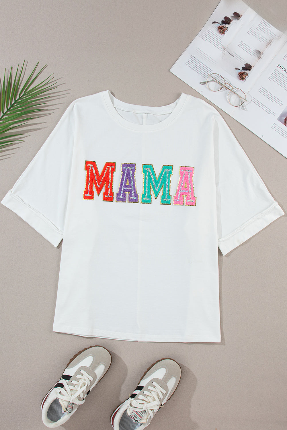 Sequin MAMA Round Neck Short Sleeve T-Shirt - Kittybear Krafts