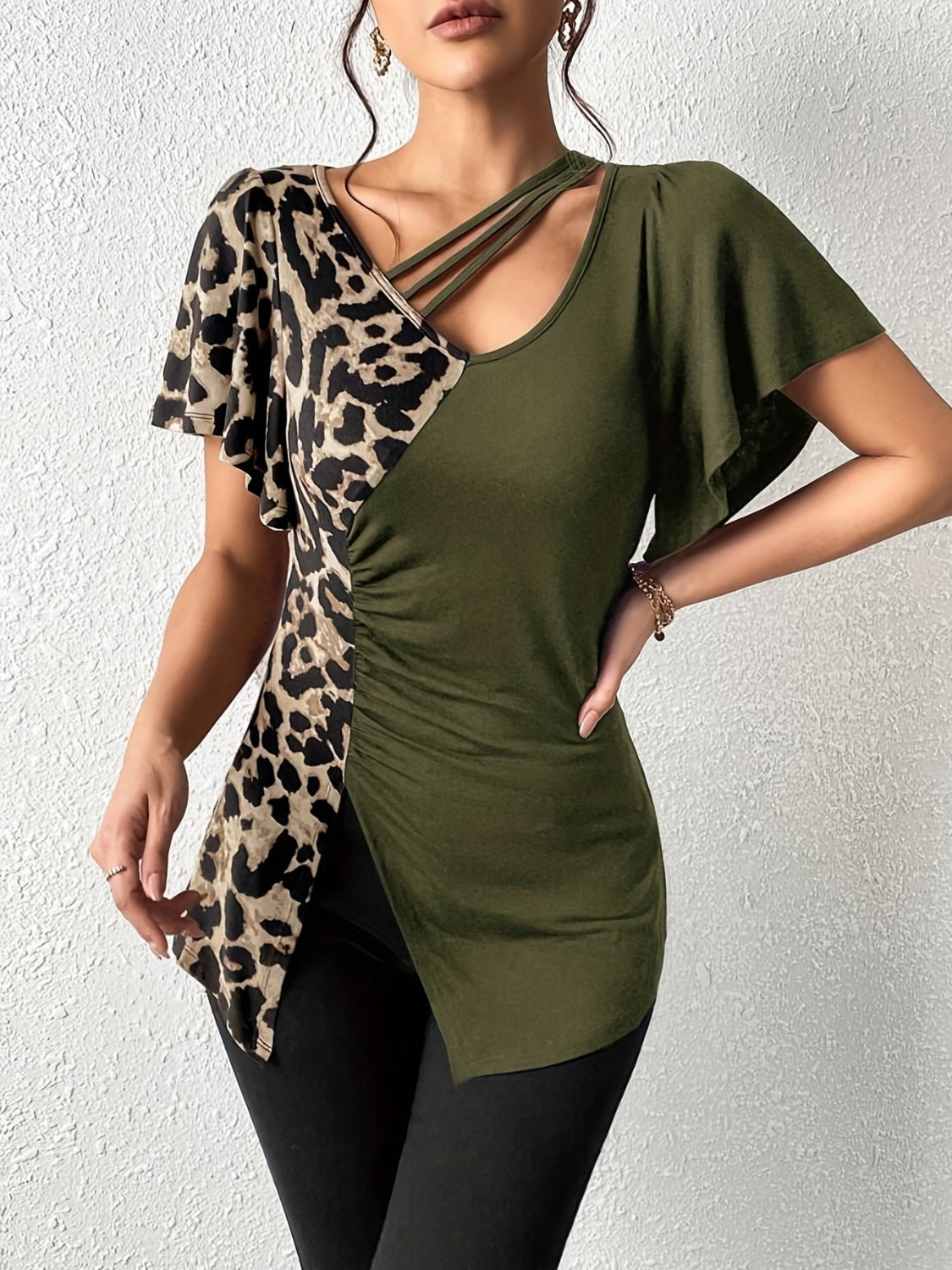 Ruched Leopard Flutter Sleeve Top