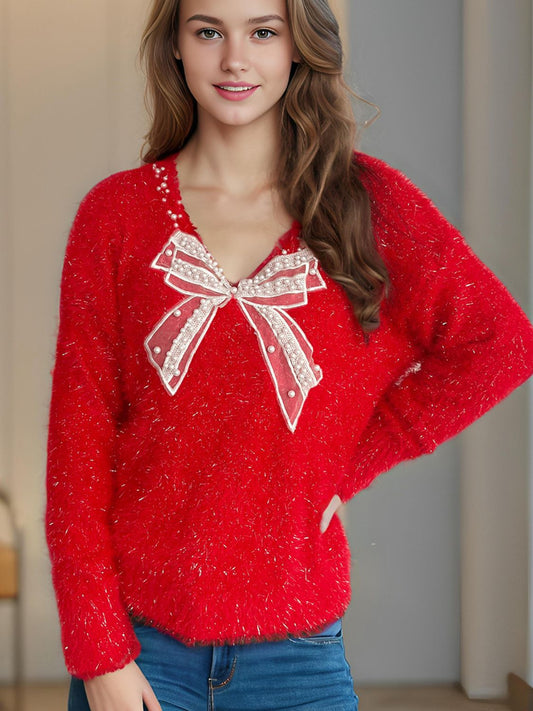 Bow Pearl Detail V-Neck Long Sleeve Sweater Top Trendsi