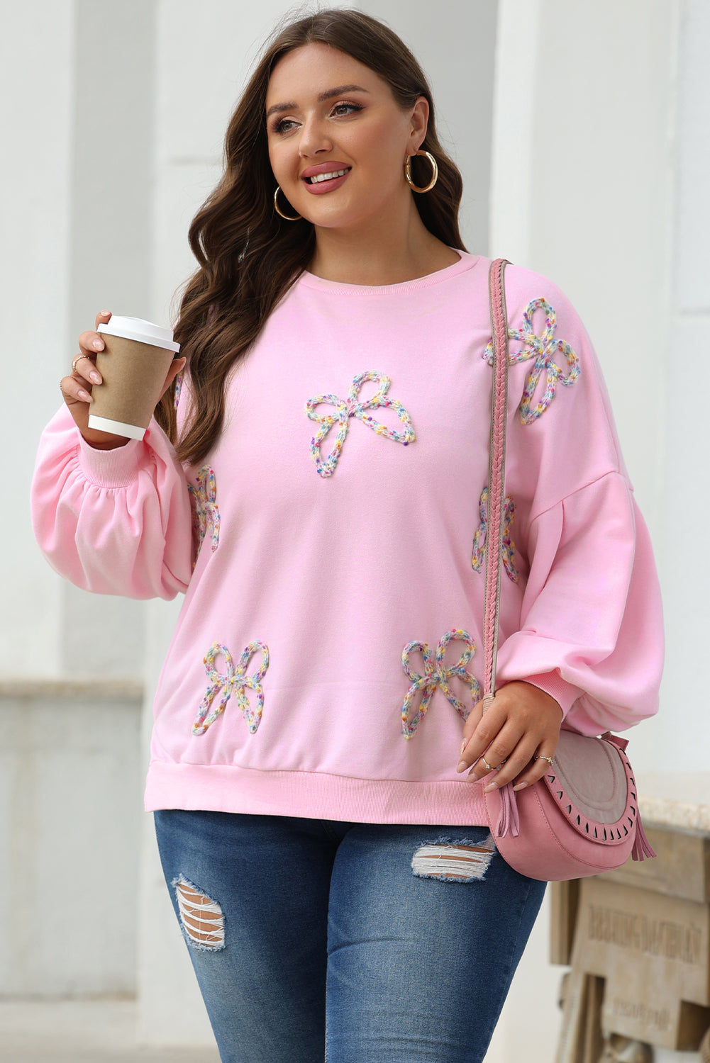 Light Pink Embroidered Bow Lantern Sleeve Oversized Pullover Sweatshirt Kittybear Krafts