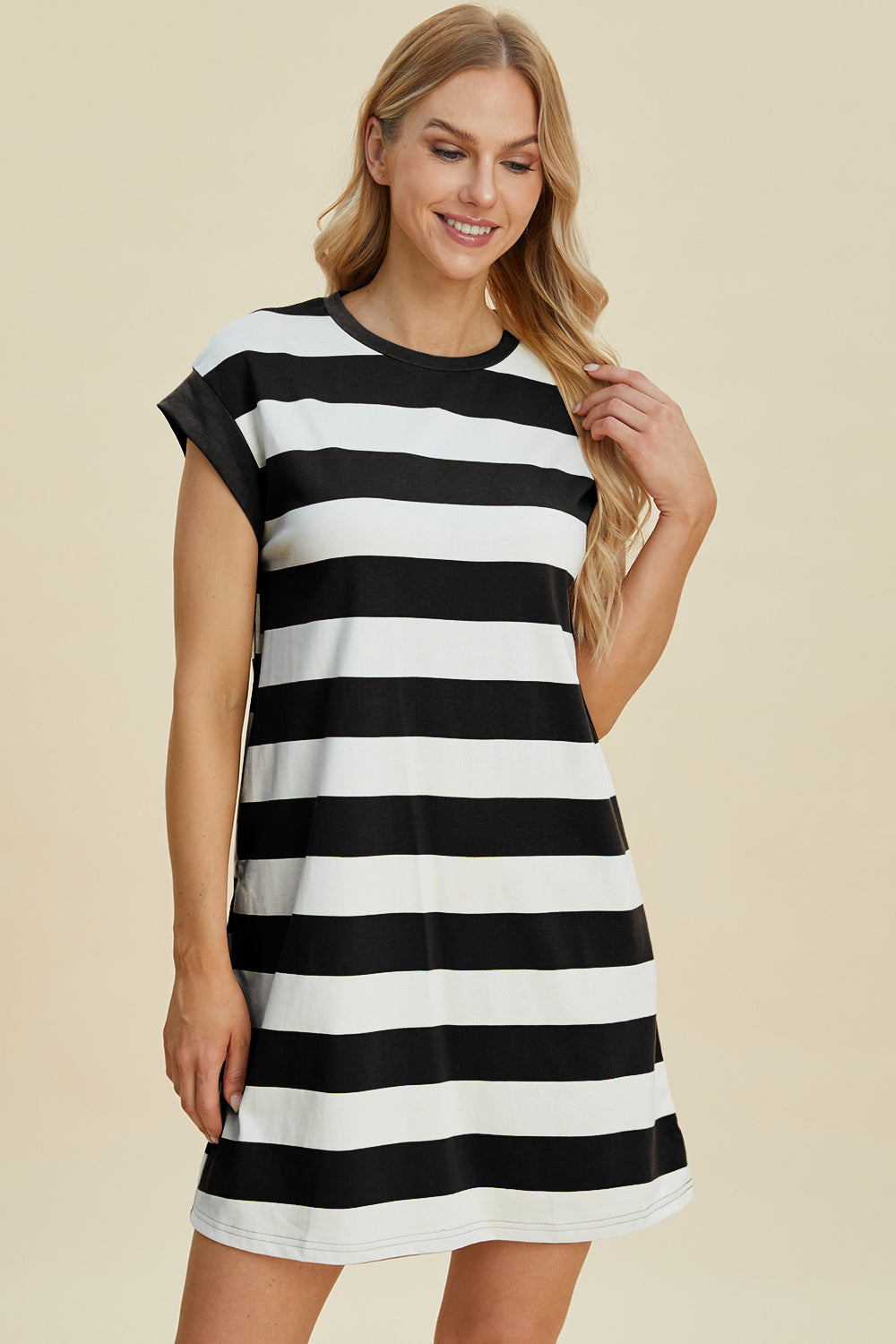 Striped Round Neck Cap Sleeve Mini Dress Trendsi