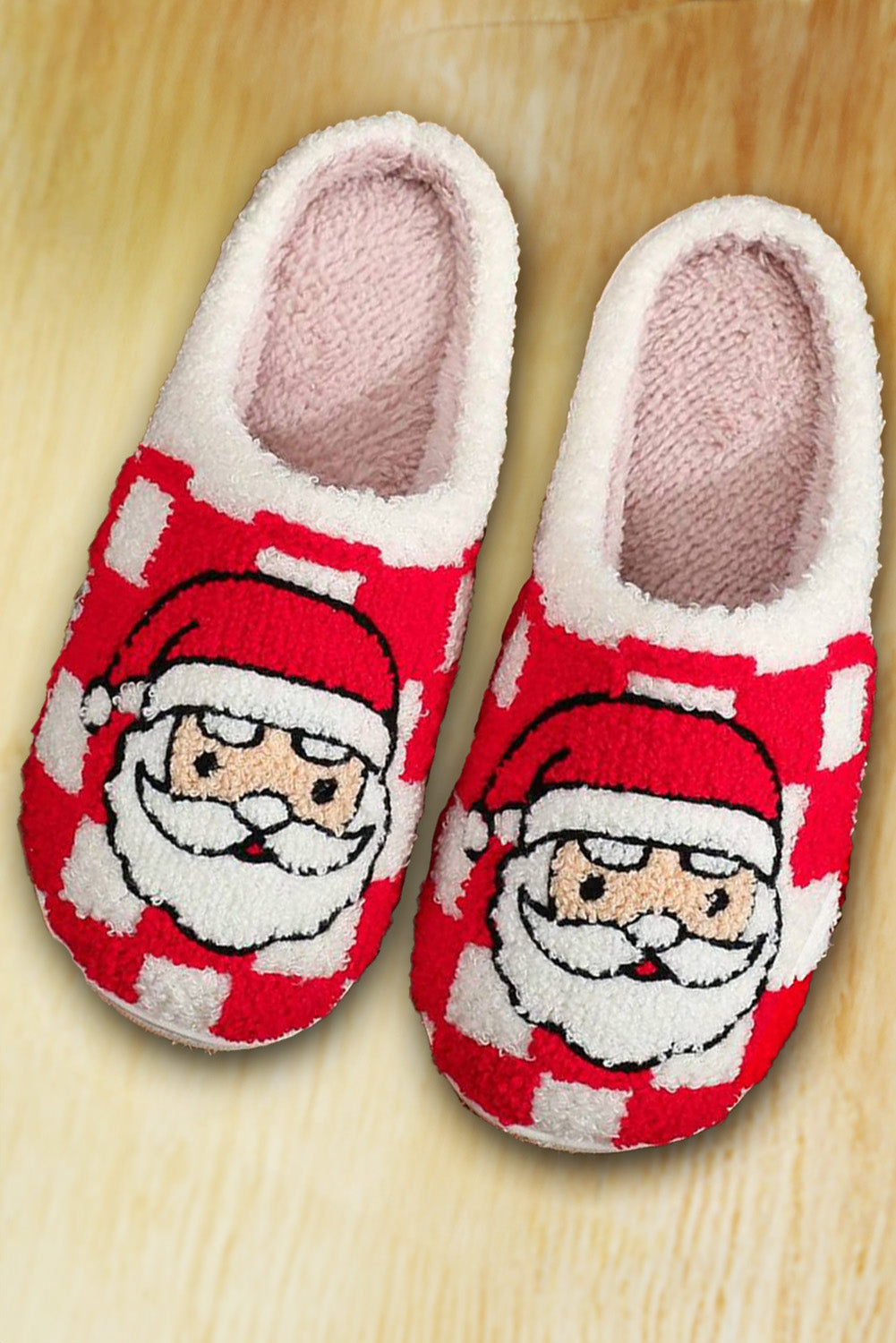 Fiery Red Checkered Christmas Santa Claus Graphic Plush Home Slippers Kittybear Krafts