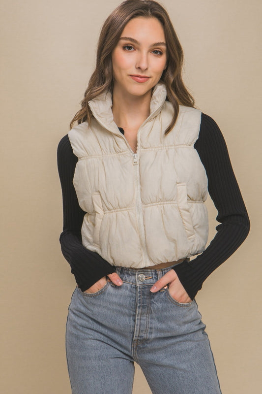 Love Tree Cream Zip Up Turtleneck Cropped Vest Coat Trendsi