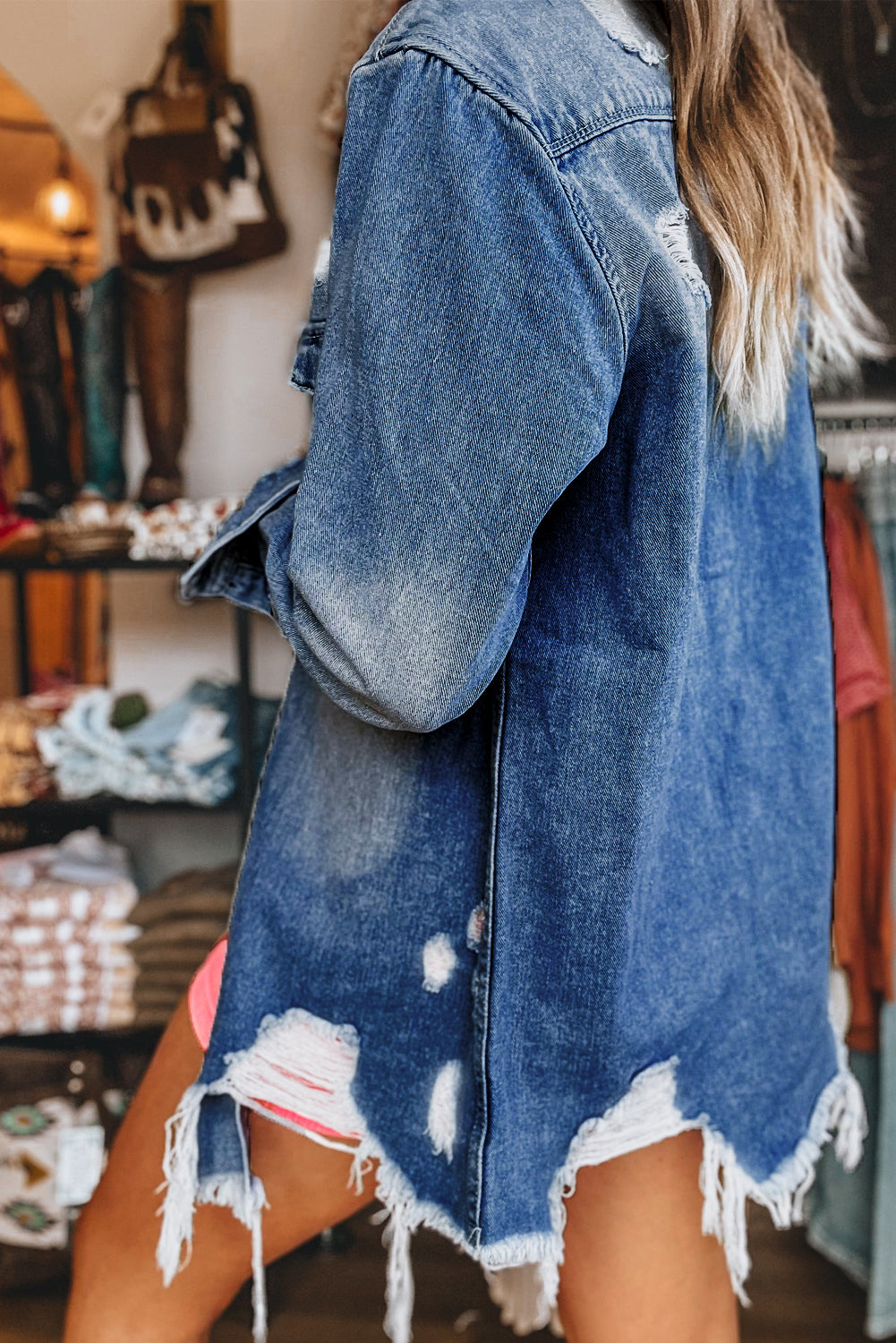 Blue Light Wash Country Distressed Frayed Long Denim Jacket Kittybear Krafts