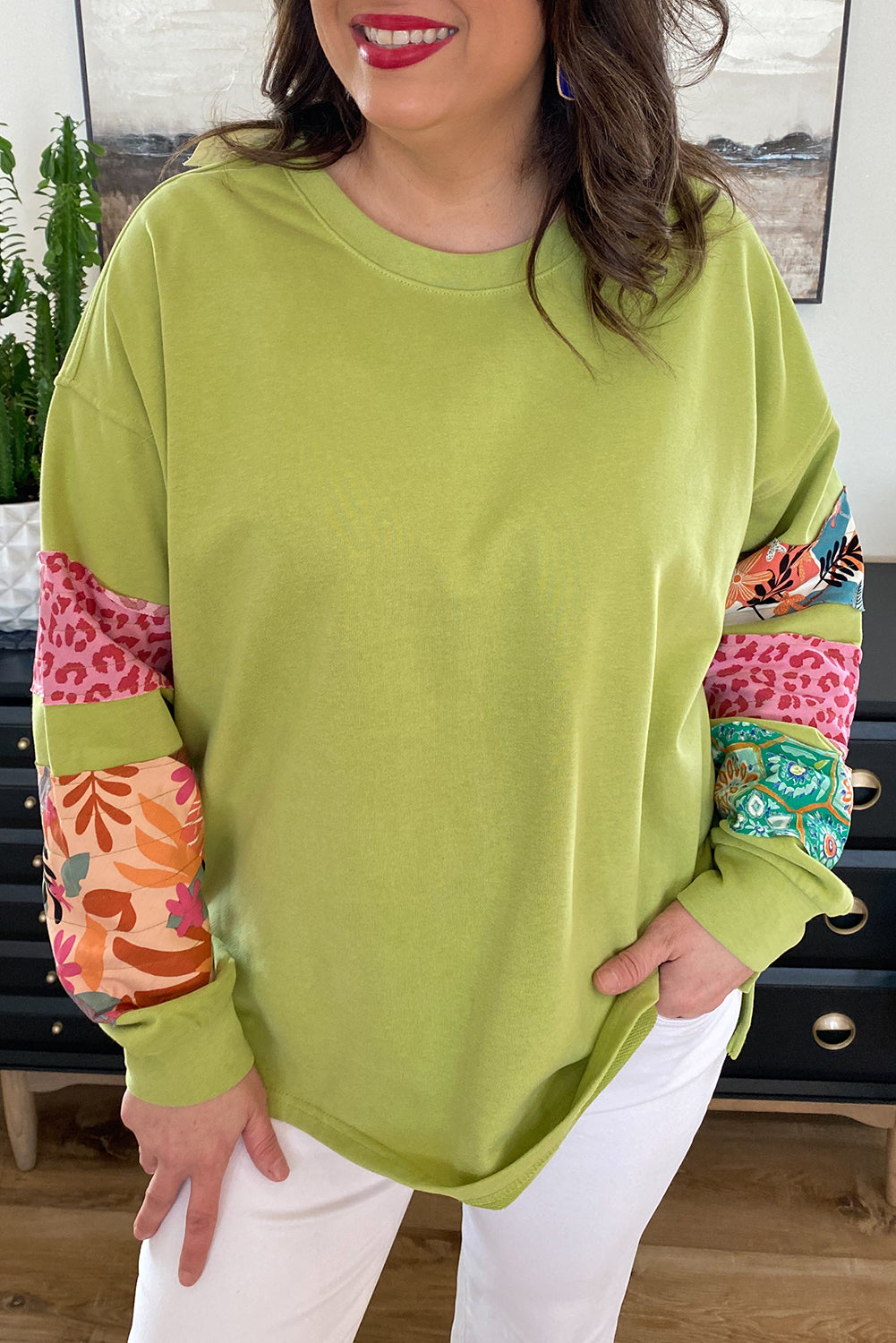 Green Plus Size Printed Patchwork Sleeve Split Sweatshirt Kittybear Krafts