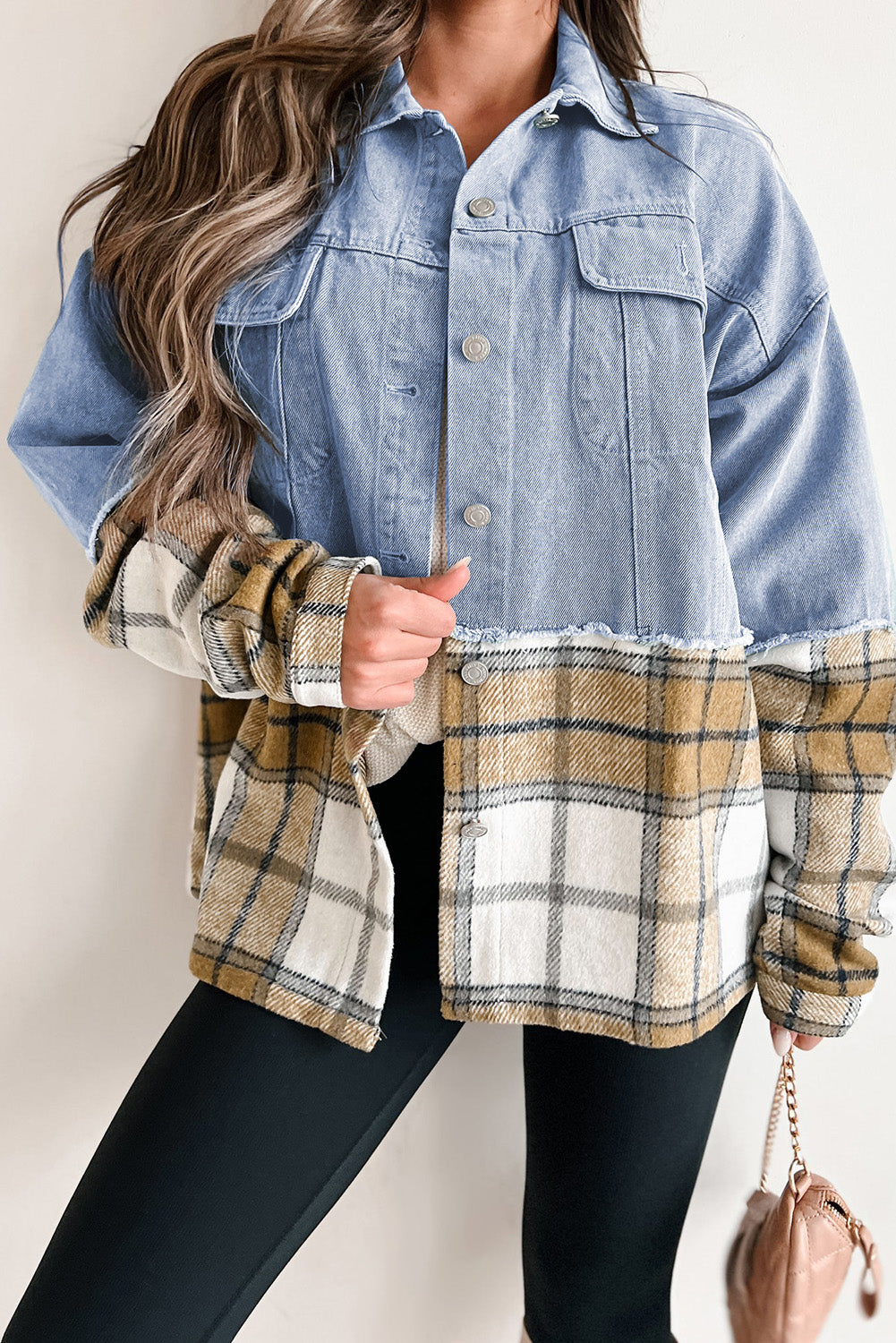 Khaki Plaid Patchwork Buttoned Oversized Denim Jacket Kittybear Krafts