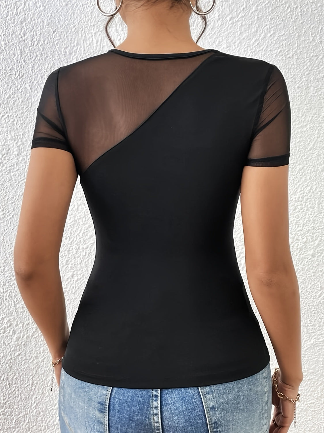 Mesh Patchwork Round Neck Short Sleeve Semi-Sheer Top