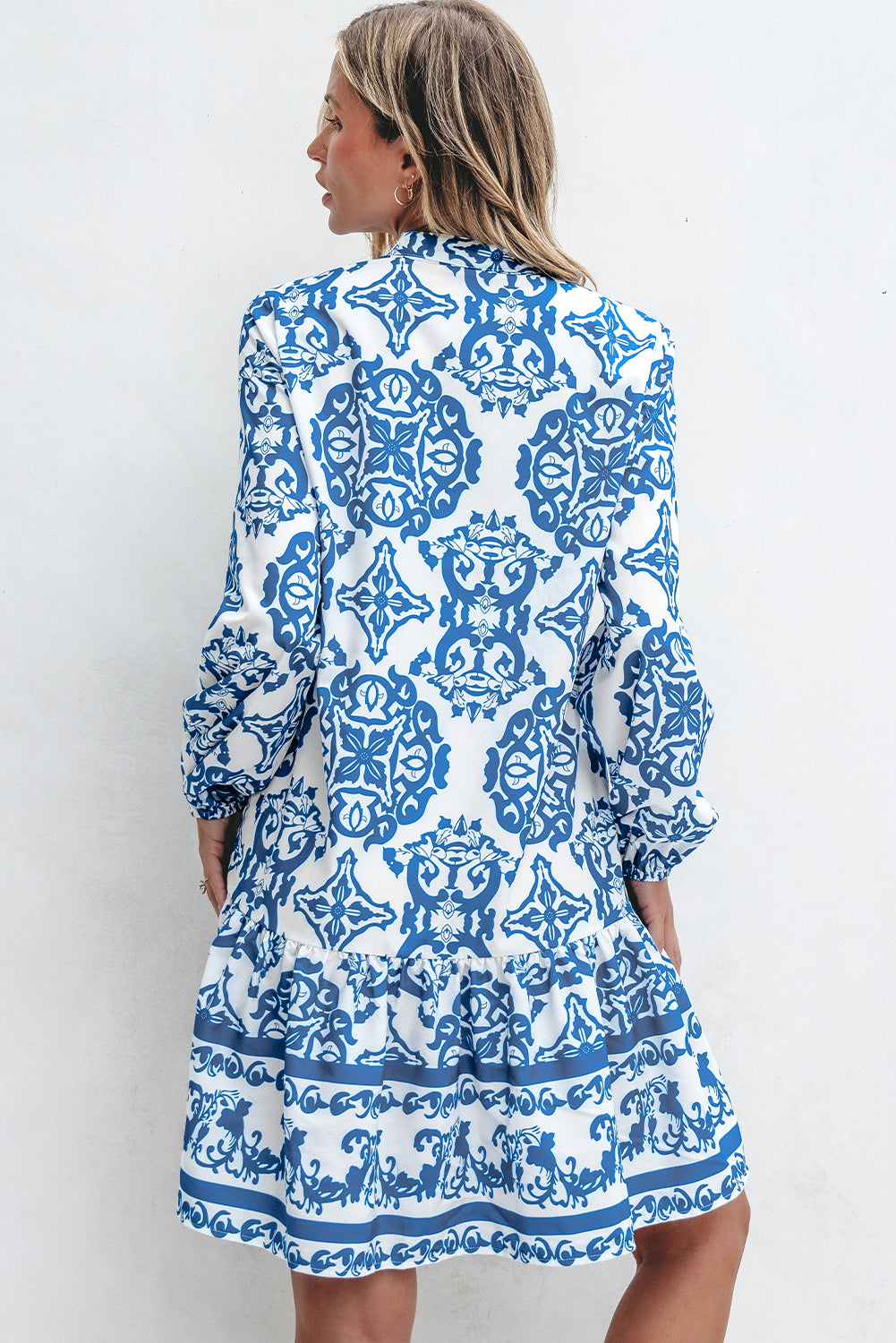 Sky Blue Tribal Print Button Up Notch Neck Loose Mini Dress Kittybear Krafts