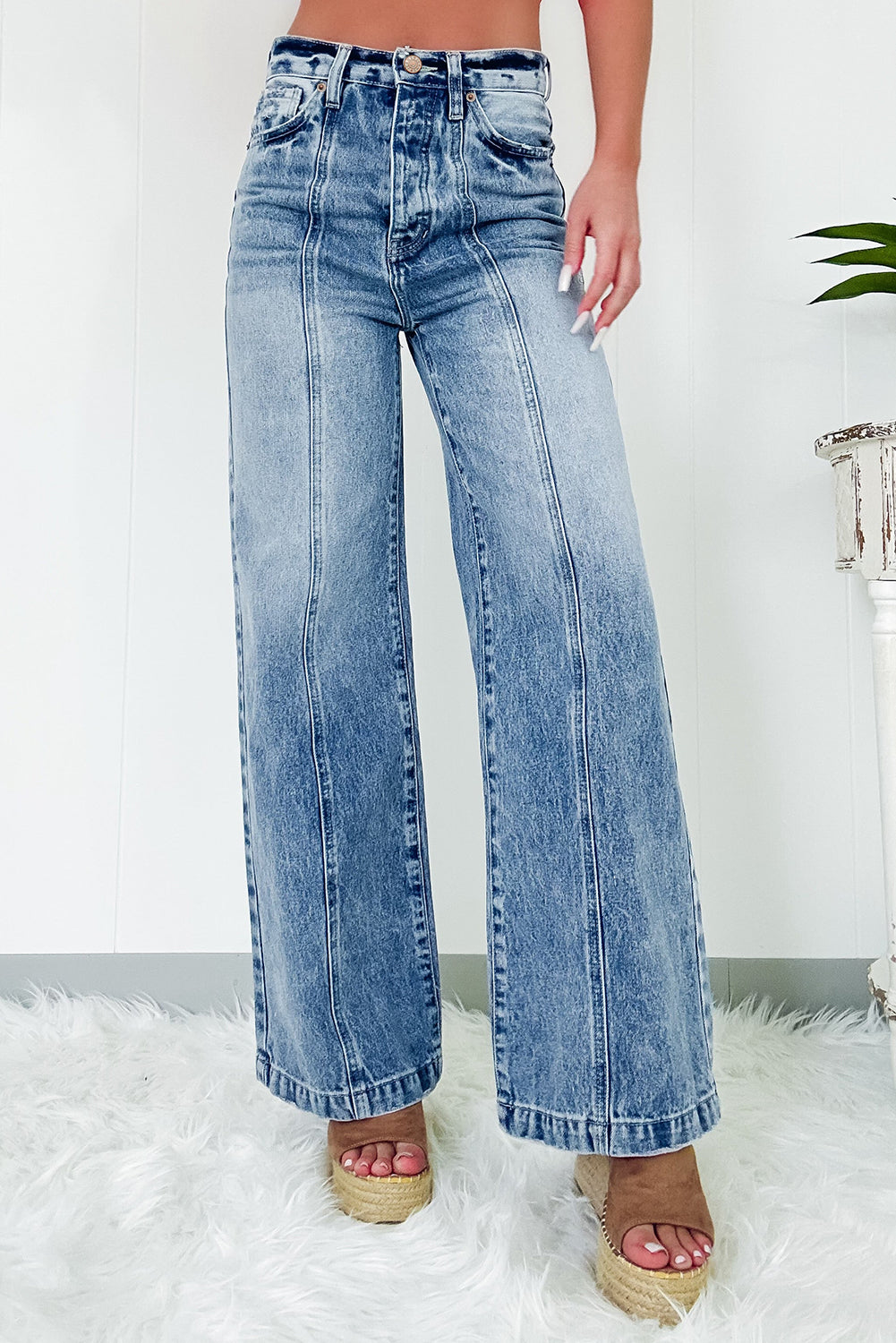 Dusk Blue Central Seamed Wide Leg High Waist Jeans Kittybear Krafts