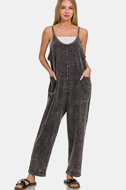 Zenana Ash Black Washed Spaghetti Straps Overalls with Pockets - Kittybear Krafts