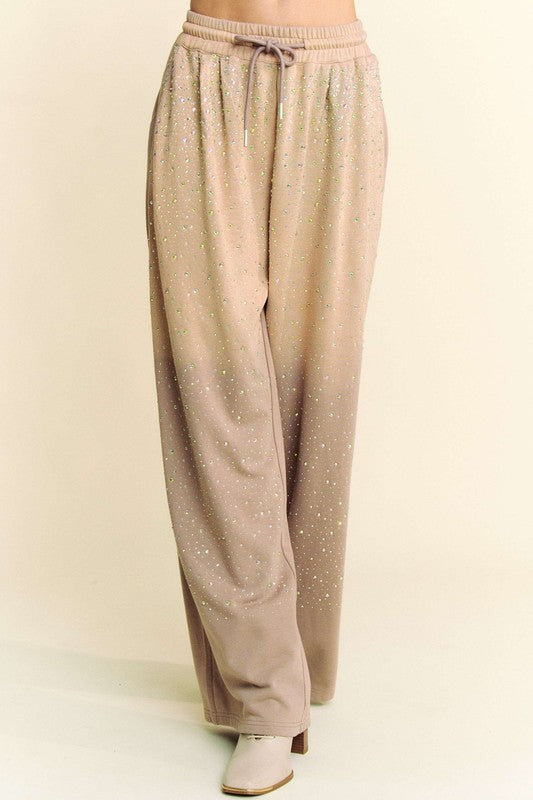 Davi & Dani Tan Rhinestone Drawstring Wide Leg Pants