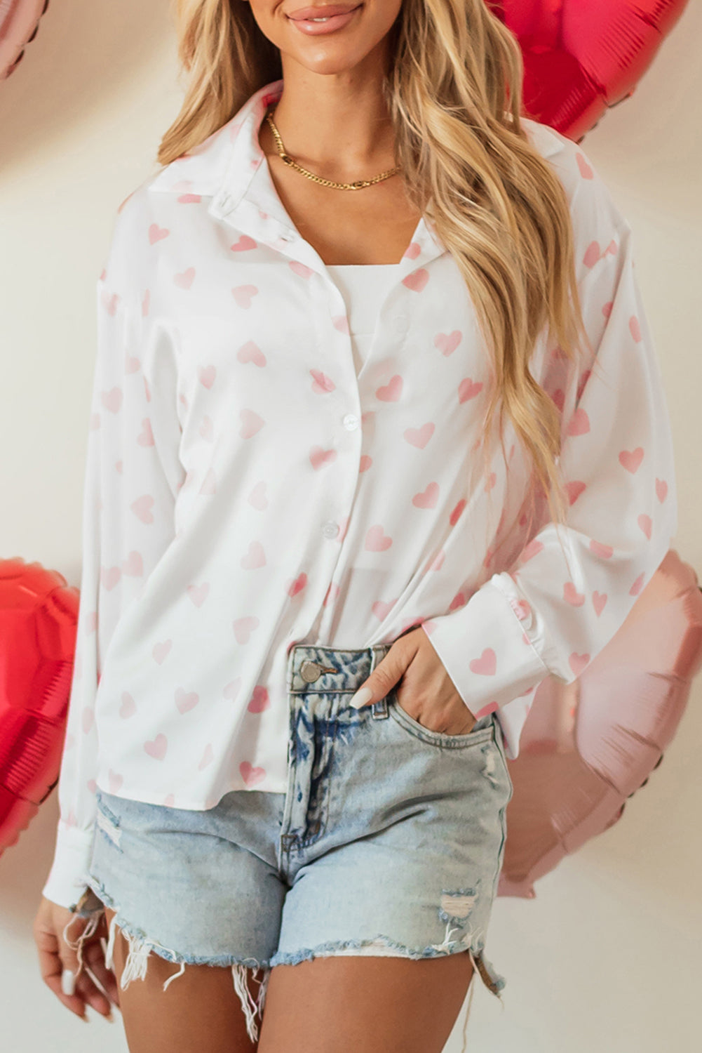 White Love Heart Print Drop Shoulder Puff Sleeve Top Kittybear Krafts