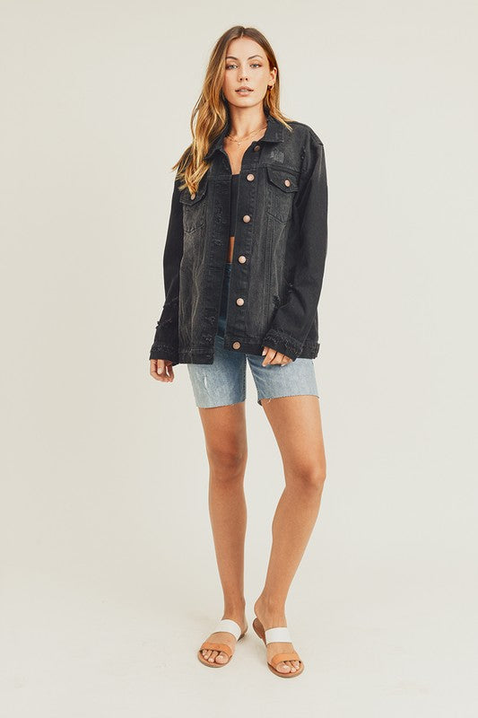 RISEN Full Size Distressed Long Sleeve Denim Jacket Trendsi