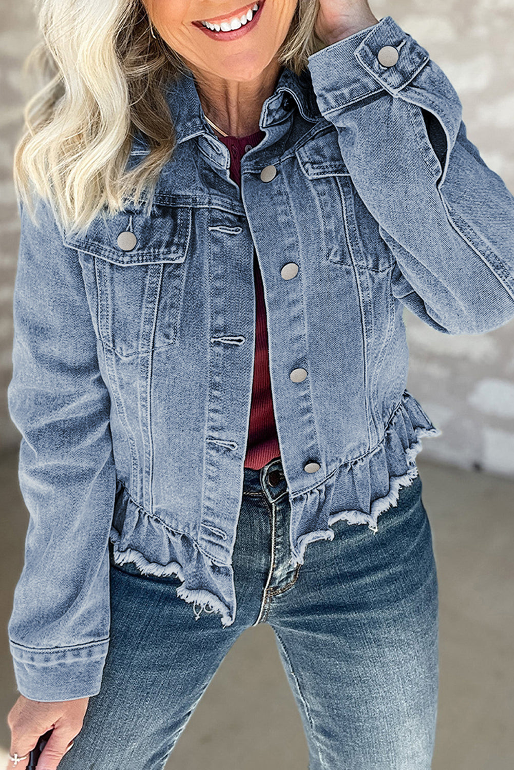 Beau Blue Ruffle Raw Hem Flap Pockets Denim Jacket Kittybear Krafts