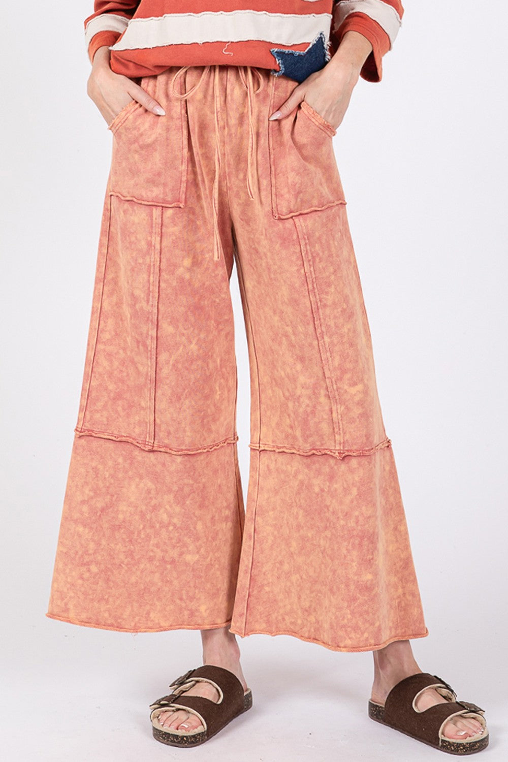 SAGE + FIG Mineral Washed Terry Wide Leg Pants Trendsi