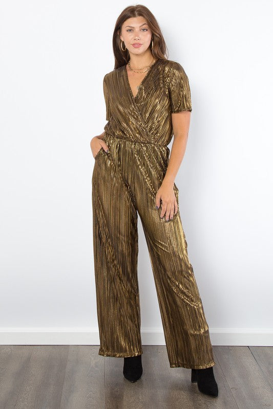 Be Stage Surplice Short Sleeve Pleated Foil Jumpsuit Trendsi