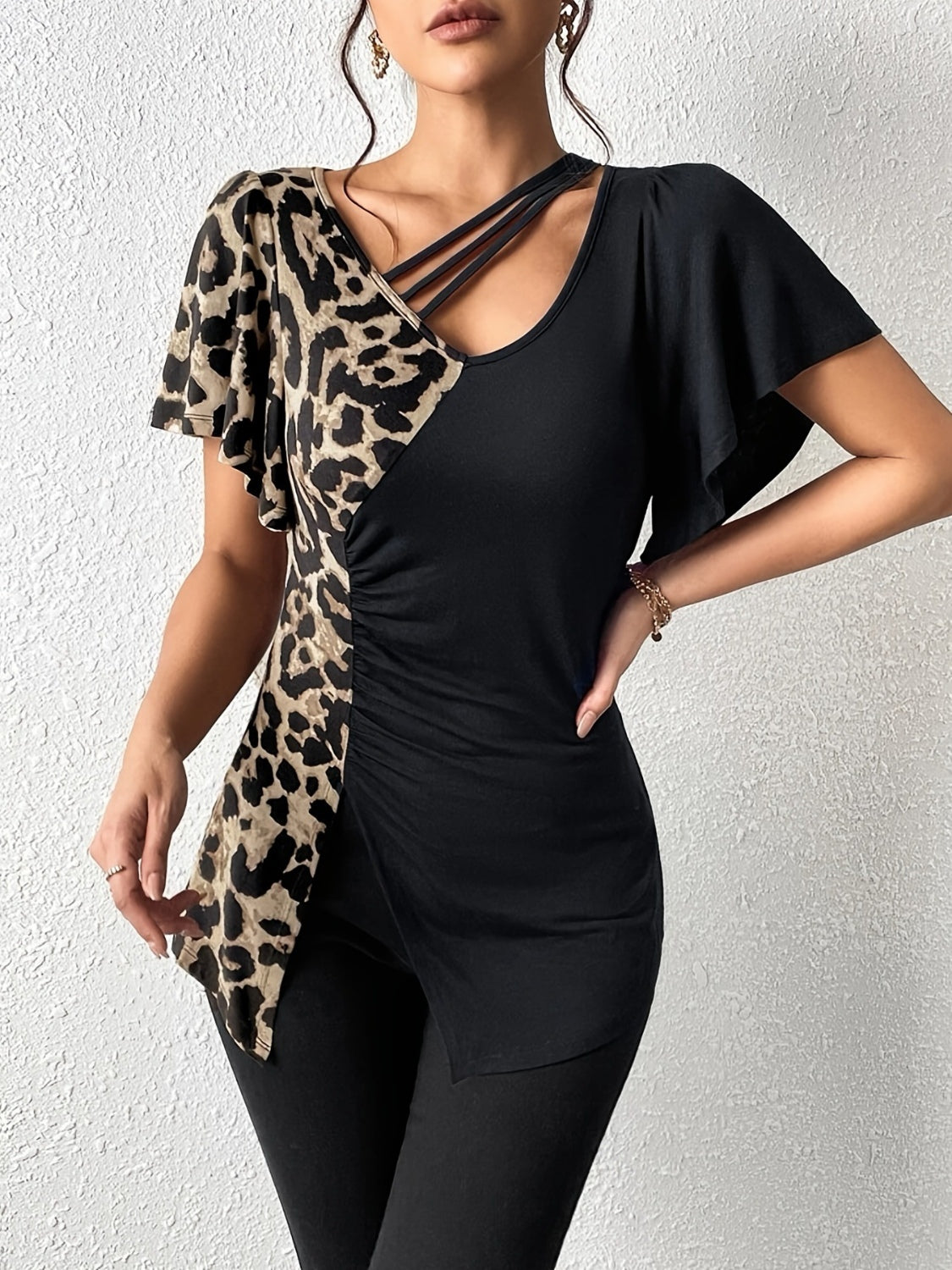 Ruched Leopard Flutter Sleeve Top