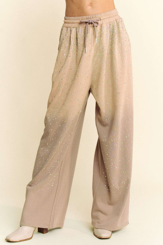 Davi & Dani Tan Rhinestone Drawstring Wide Leg Pants