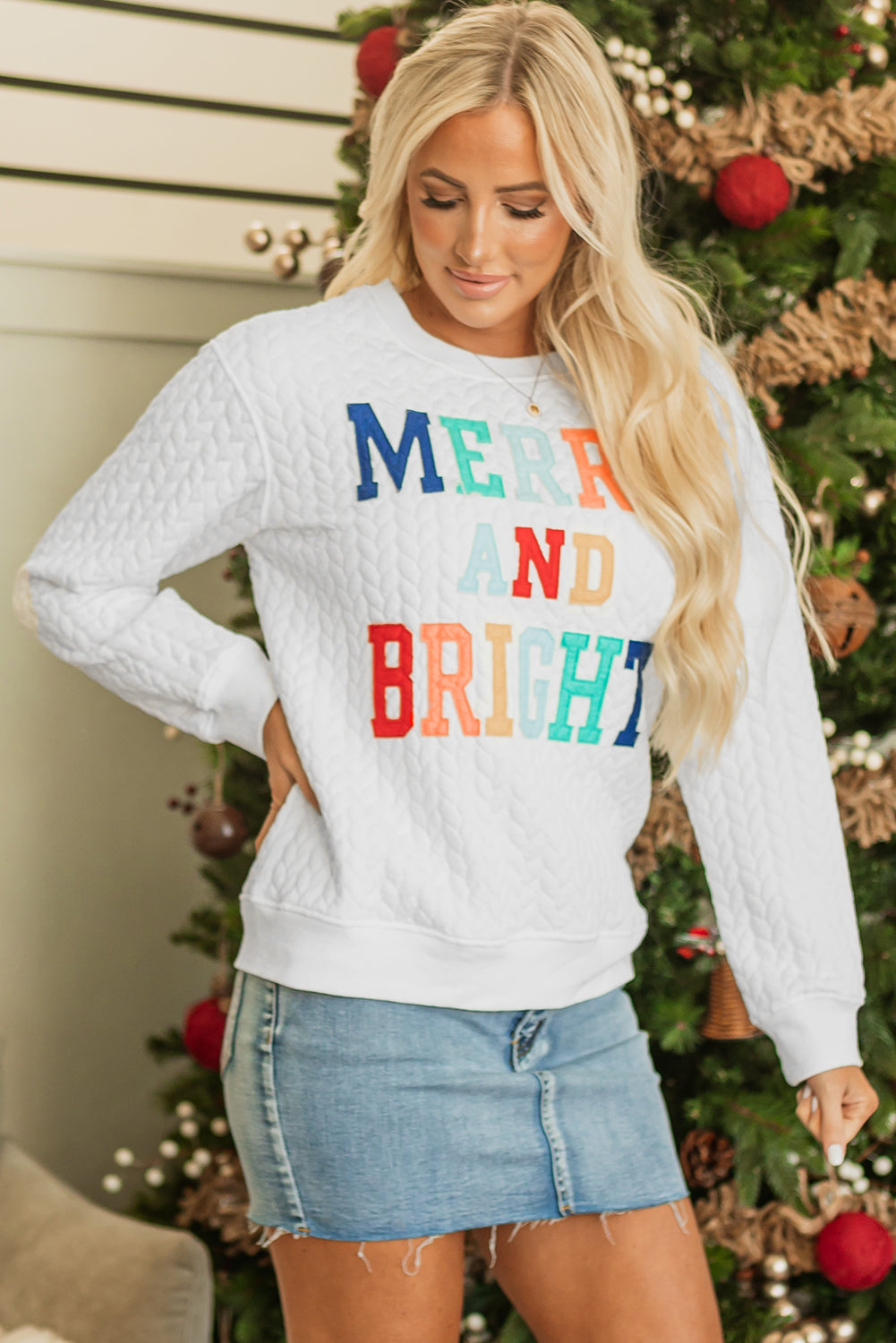 White Merry And Bright Christmas Cable Knit Pullover Sweater Kittybear Krafts