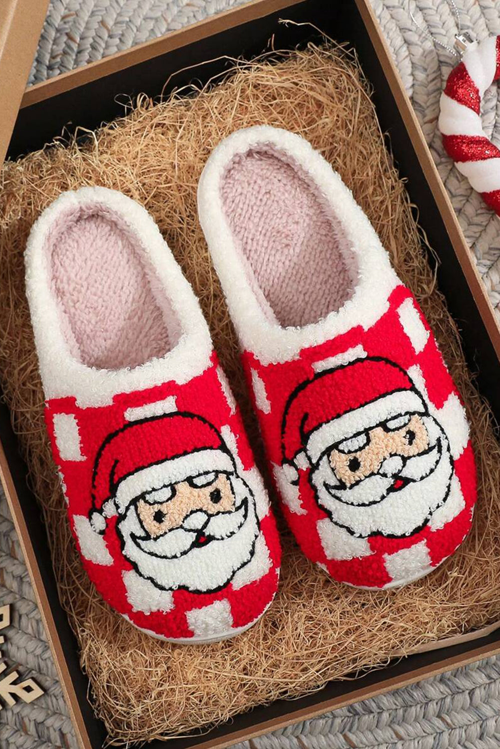 Fiery Red Checkered Christmas Santa Claus Graphic Plush Home Slippers Kittybear Krafts