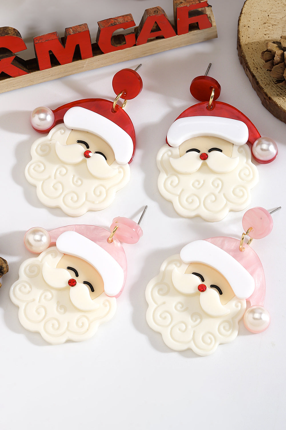 White Bright Pearl Decor Cute Father Christmas Santa Earrings Kittybear Krafts