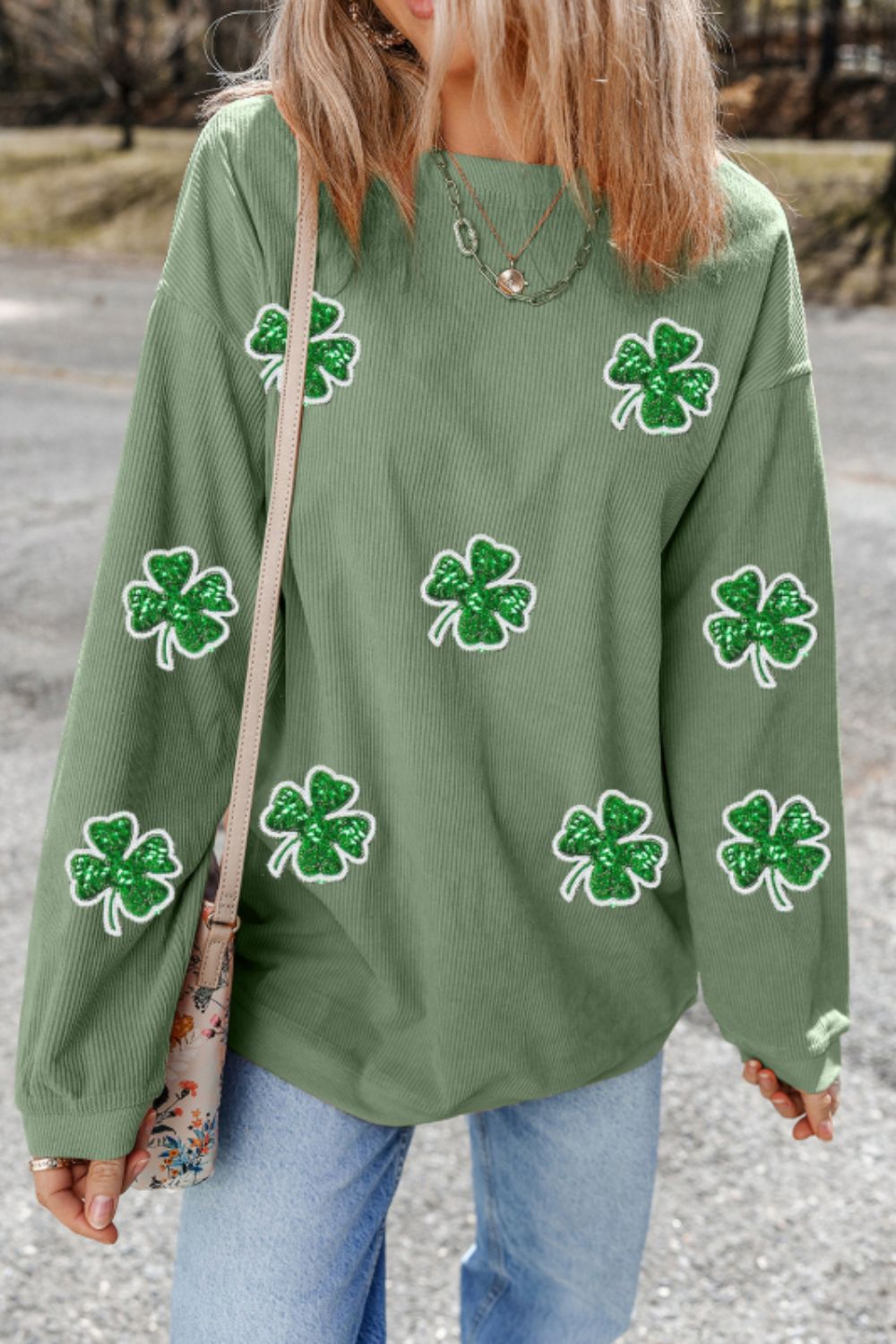 Sequin Lucky Clover St. Patrick's Day Round Neck Long Sleeve Crewneck