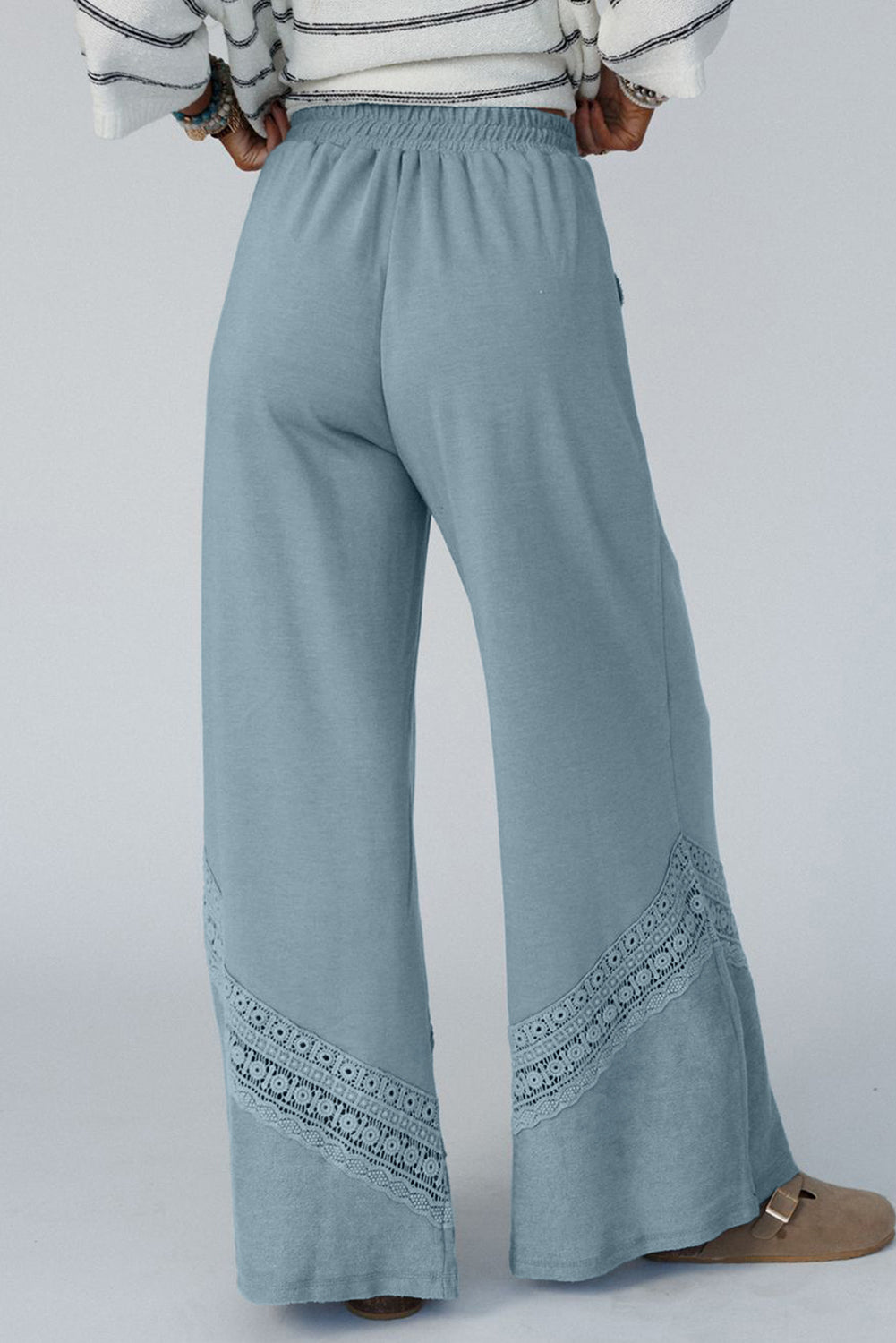 Dusk Blue Lace Crochet Patched Lace-up High Waist Wide Leg Pants Kittybear Krafts