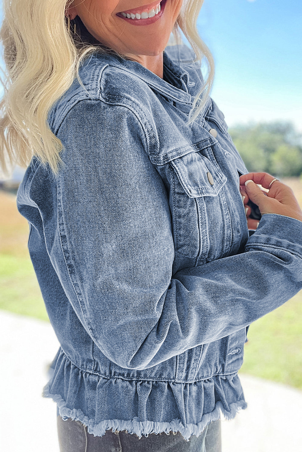 Beau Blue Ruffle Raw Hem Flap Pockets Denim Jacket Kittybear Krafts