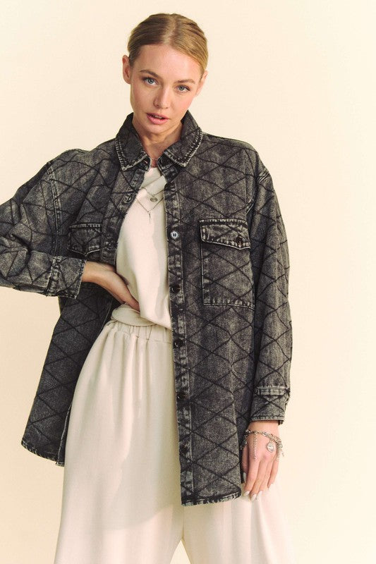 Davi & Dani Curved Hem Diamond Quilted Button Up Denim Shacket Trendsi