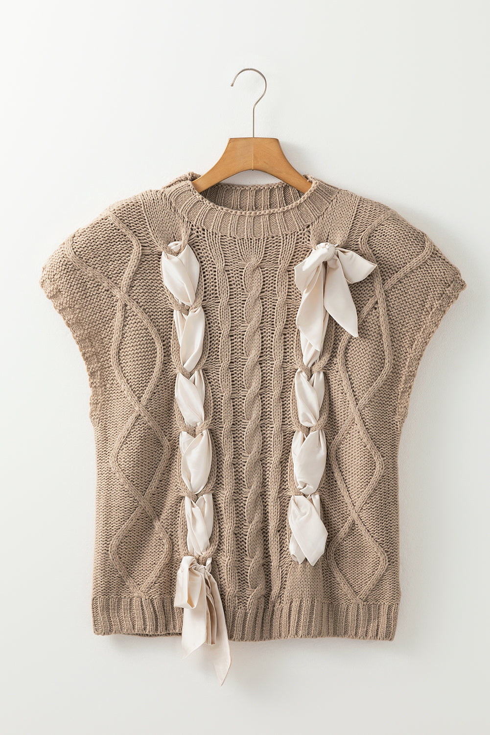 Simply Taupe Cable Knit Colorblock Satin Bowknot Short Sleeve Sweater Top Kittybear Krafts