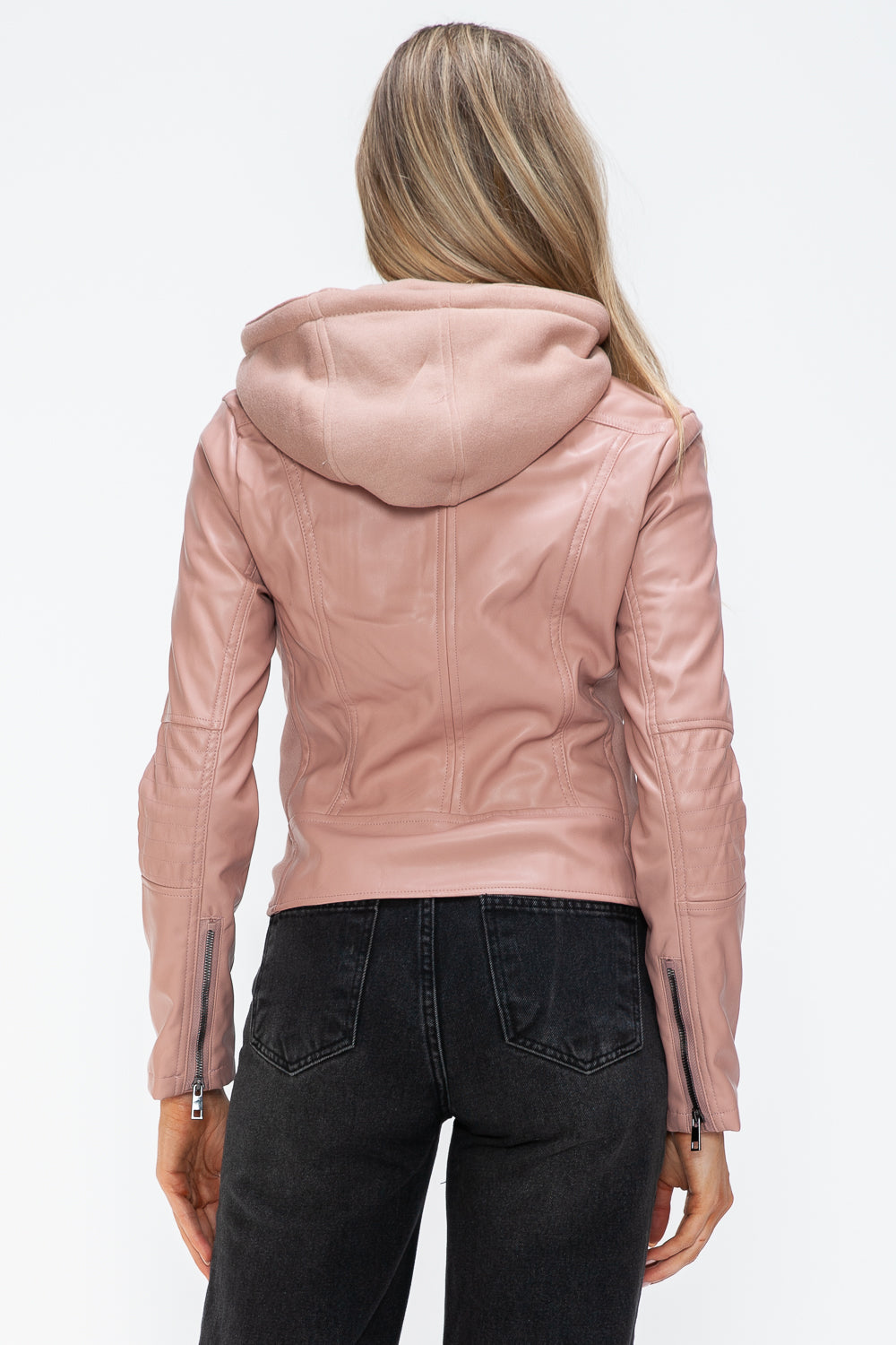 Snobbish Faux Leather Zip Up Drawstring Hooded Jacket Trendsi