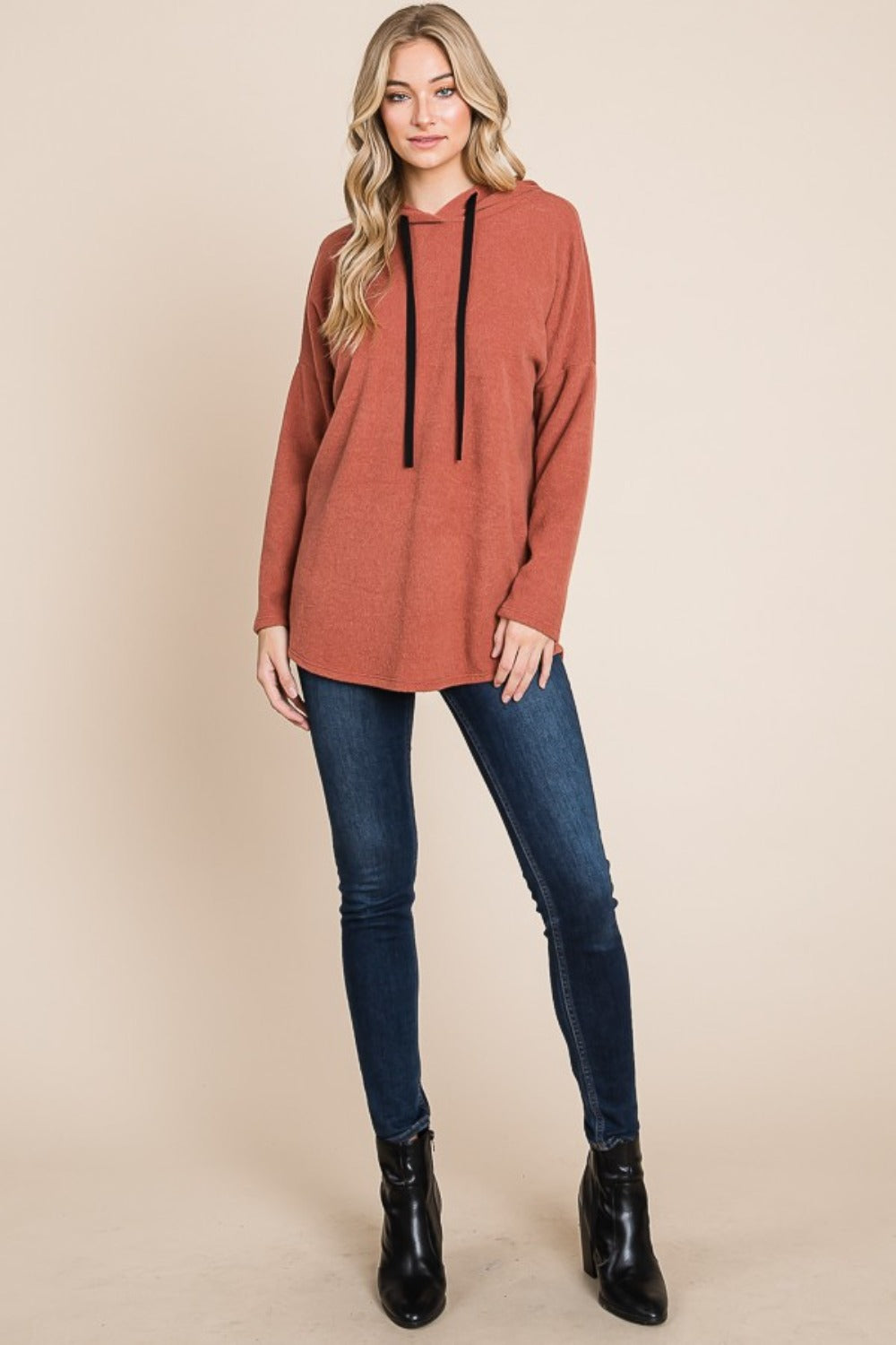 Contrast Drawstring Drop Shoulder Knit Hoodie - Kittybear Krafts