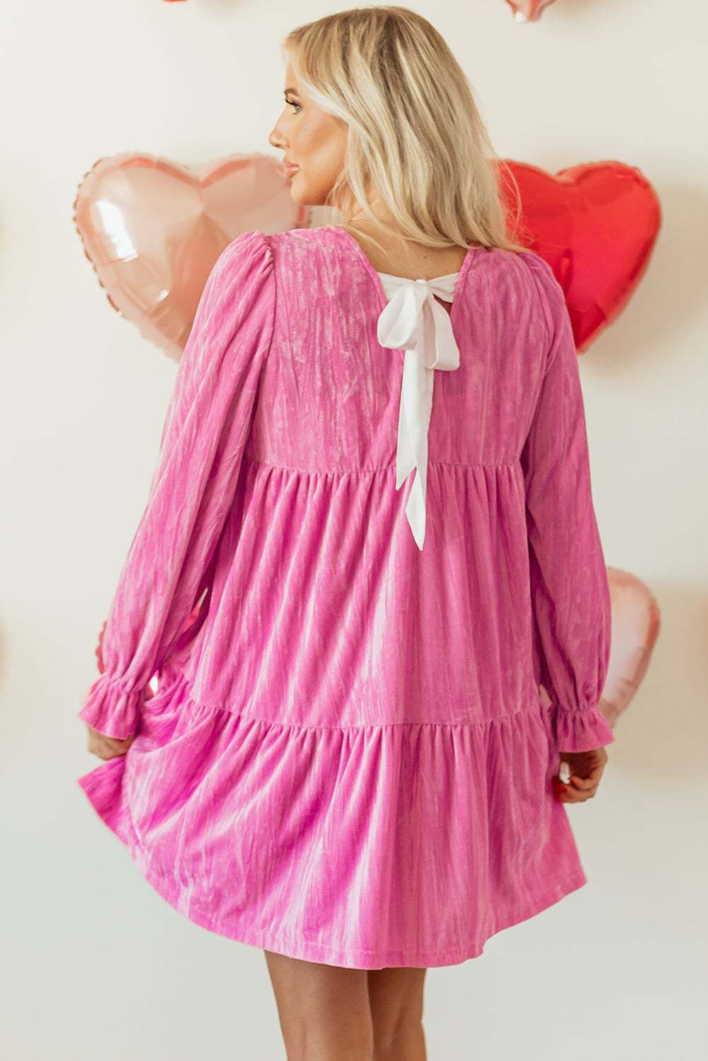 Strawberry Pink Flounce Sleeve Tiered Ruffled Velvet Mini Dress Kittybear Krafts