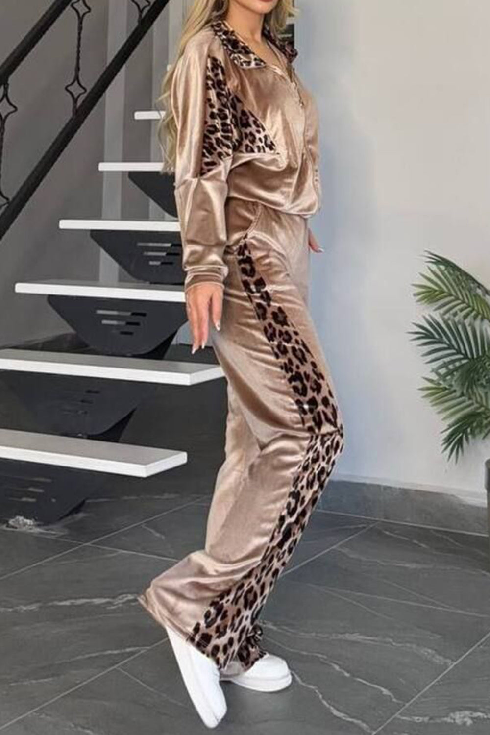 Full Size Collared Neck Leopard Zip Up Top and Pants Loungewear Set