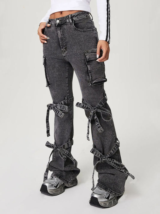 Bow Tied Mid Rise Jeans with Cargo Pockets Trendsi