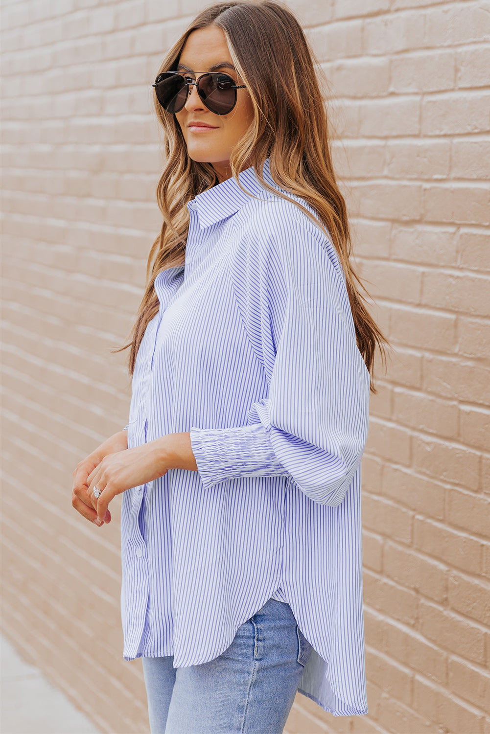 Sky Blue Smocked Cuffed Striped Boyfriend Shirt Top with Pocket